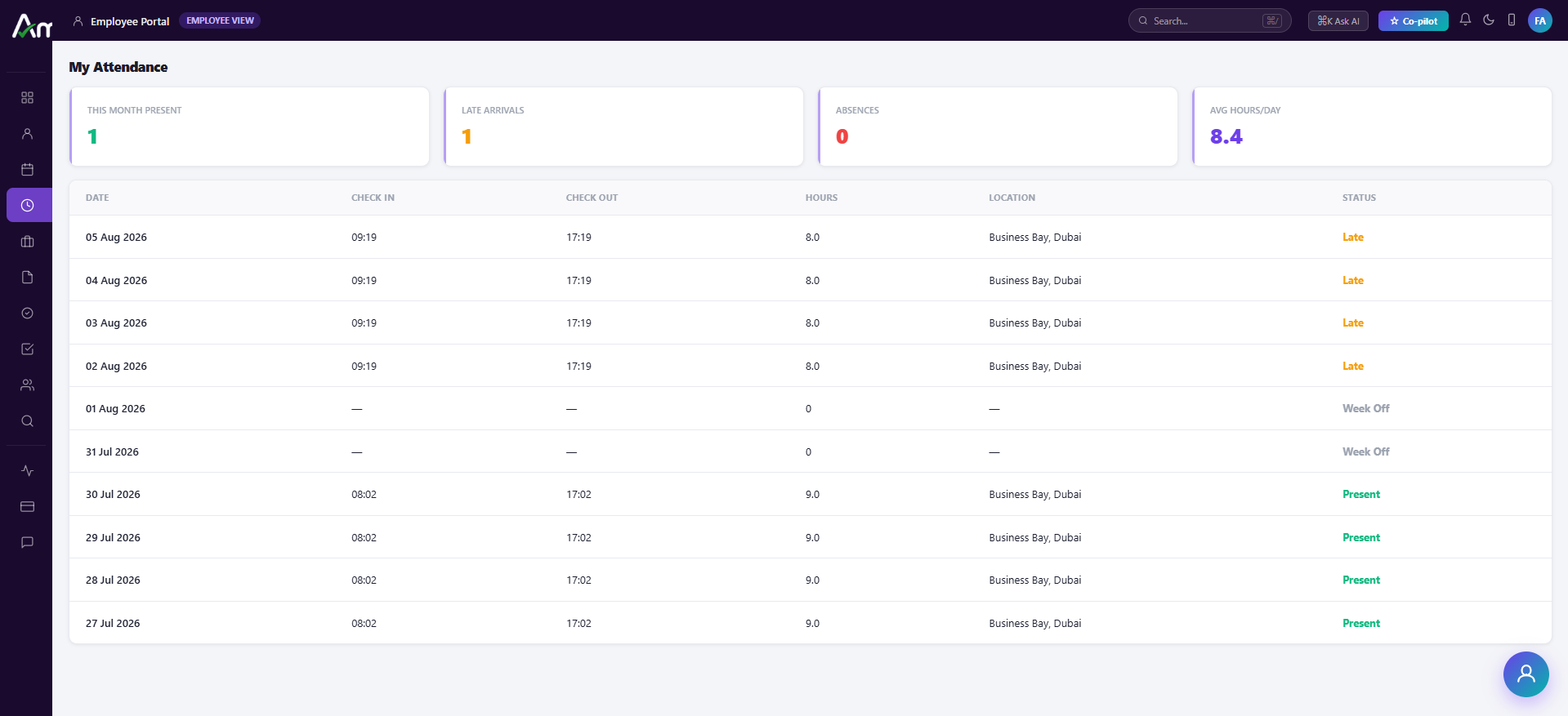 AmalOps monthly attendance calendar showing daily hours and check-in times per employee, with Ramadan hours toggle