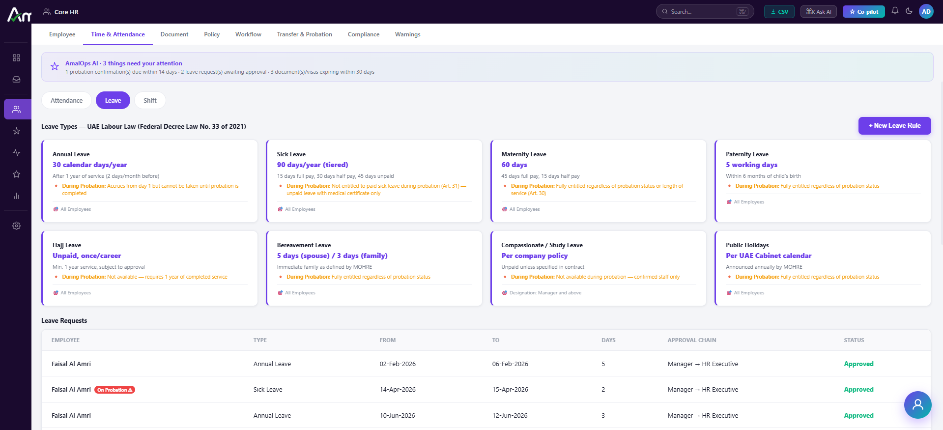 AmalOps employee self-service leave view showing annual and sick leave balances, days used this year, and request history with approval chain